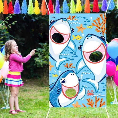  [아마존베스트]Bean Bag Toss Games with 3 Bean Bags Party Games Pack and Decoration for Baby Children Family Theme Party Favor Supplies (Blue Shark)