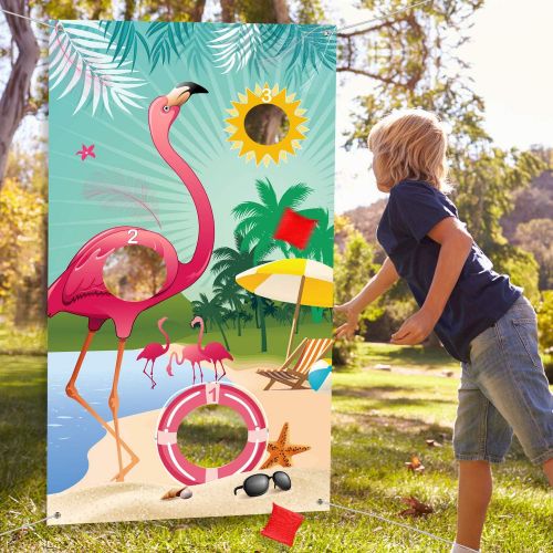  [아마존베스트]Carnival Toss Game Flamingo Toss Games with 3 Nylon Bean Bags, Flamingo Backdrop Toss Games Banner for Flamingo Theme Party Birthday Party Decoration