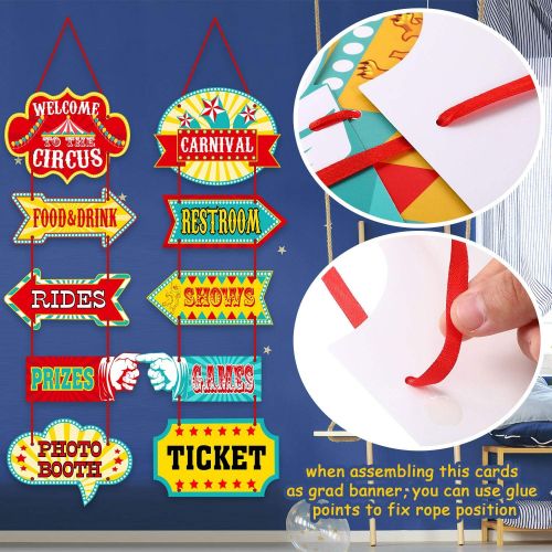  Blulu Carnival Decorations, Laminated Circus Carnival Signs Circus Theme Party Signs Carnival Party Supply Decor Paper Cutouts with 2 Ribbons and Glue Point Dots (Style A)