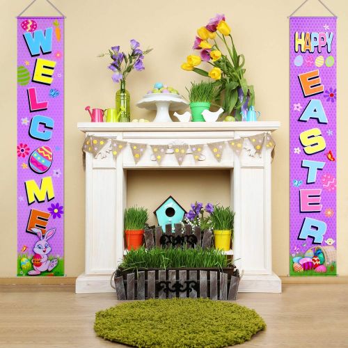  Blulu Easter Decoration Set Easter Porch Sign Welcome Happy Easter Banner Easter Poster Door Hanger for Spring Indoor/Outdoor Easter Door Decoration Party (Purple)