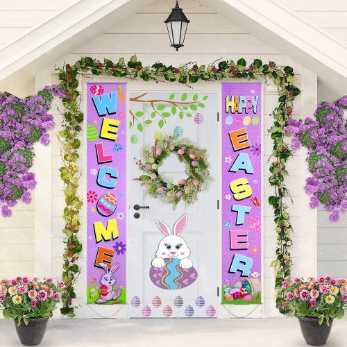  Blulu Easter Decoration Set Easter Porch Sign Welcome Happy Easter Banner Easter Poster Door Hanger for Spring Indoor/Outdoor Easter Door Decoration Party (Purple)