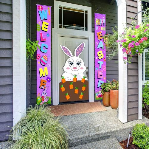  Blulu Easter Decoration Set Easter Porch Sign Welcome Happy Easter Banner Easter Poster Door Hanger for Spring Indoor/Outdoor Easter Door Decoration Party (Purple)