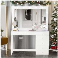 Boahaus Serena Large Makeup Vanity with Hollywood Lights Built-in, 7 Drawers, Wide Hollywood Mirror, Glam Glass Top, White Vanity Makeup Desk for Bedroom, 58.2'' Hx47.3'' Wx16.9'' D