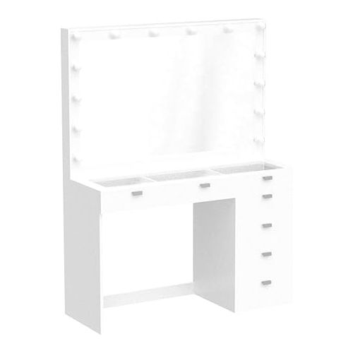  Boahaus Serena Large Makeup Vanity with Hollywood Lights Built-in, 7 Drawers, Wide Hollywood Mirror, Glam Glass Top, White Vanity Makeup Desk for Bedroom, 58.2'' Hx47.3'' Wx16.9'' D