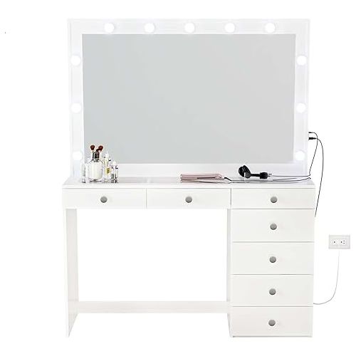  Boahaus Serena Large Makeup Vanity with Hollywood Lights Built-in, 7 Drawers, Wide Hollywood Mirror, Glam Glass Top, White Vanity Makeup Desk for Bedroom, 58.2'' Hx47.3'' Wx16.9'' D