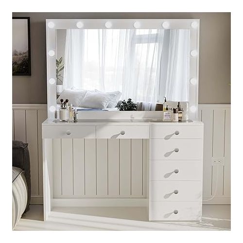  Boahaus Serena Large Makeup Vanity with Hollywood Lights Built-in, 7 Drawers, Wide Hollywood Mirror, Glam Glass Top, White Vanity Makeup Desk for Bedroom, 58.2'' Hx47.3'' Wx16.9'' D