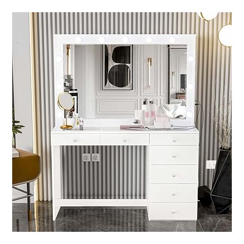  Boahaus Serena Large Makeup Vanity with Hollywood Lights Built-in, 7 Drawers, Wide Hollywood Mirror, Glam Glass Top, White Vanity Makeup Desk for Bedroom, 58.2'' Hx47.3'' Wx16.9'' D