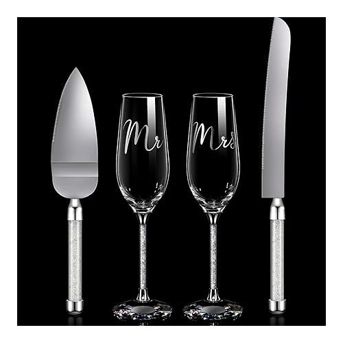  Boao 4 Piece Wedding Toasting Flutes and Cake Server Set Wedding Reception Supplies Champagne Glasses Cake Knife Pie Server (White Diamond, Simple)