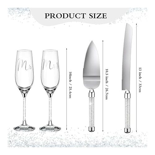  Boao 4 Piece Wedding Toasting Flutes and Cake Server Set Wedding Reception Supplies Champagne Glasses Cake Knife Pie Server (White Diamond, Simple)