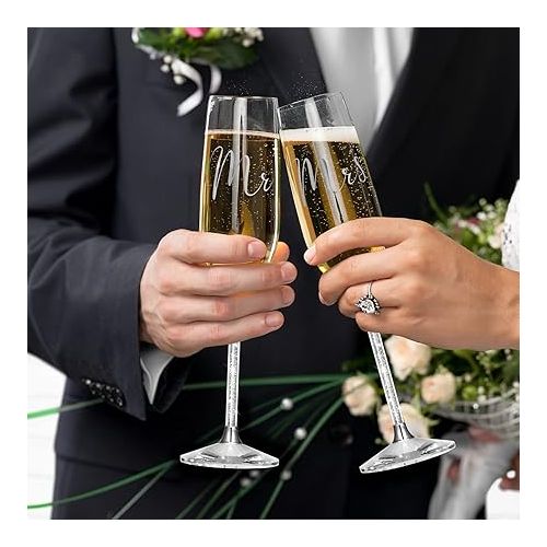  Boao 4 Piece Wedding Toasting Flutes and Cake Server Set Wedding Reception Supplies Champagne Glasses Cake Knife Pie Server (White Diamond, Simple)