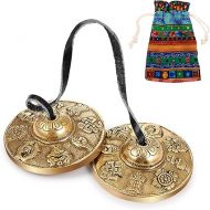 Tibetan Tingsha Cymbals Meditation Chime Bells with Tibetan drawstring Cloth Bag, 6.5 cm Meditation Chime Bells, for Percussion Instrument (8 Lucky Symbols Embossed)