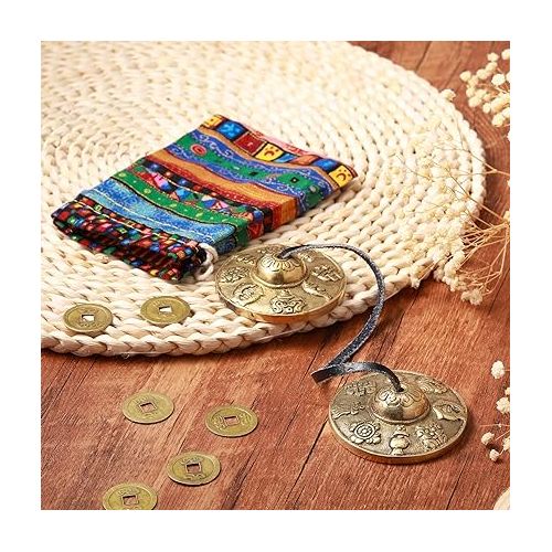  Tibetan Tingsha Cymbals Meditation Chime Bells with Tibetan drawstring Cloth Bag, 6.5 cm Meditation Chime Bells, for Percussion Instrument (8 Lucky Symbols Embossed)