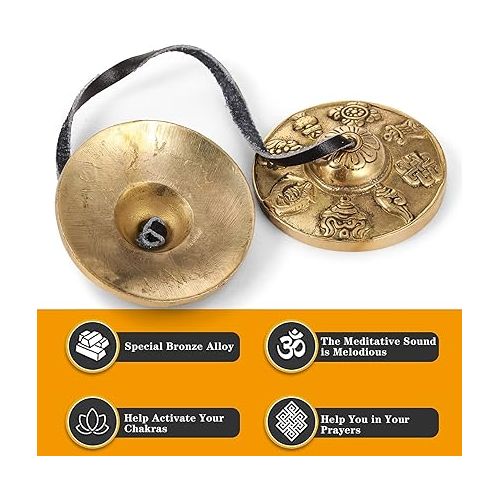  Tibetan Tingsha Cymbals Meditation Chime Bells with Tibetan drawstring Cloth Bag, 6.5 cm Meditation Chime Bells, for Percussion Instrument (8 Lucky Symbols Embossed)