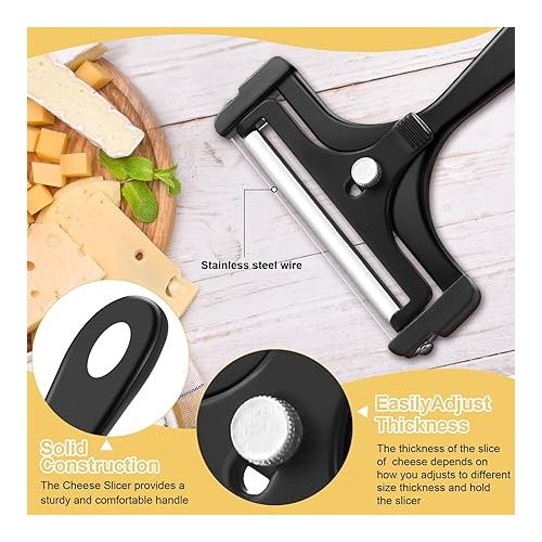  Cheese Slicer with Wire Adjustable Cheese Slicer Heavy Duty Stainless Steel Cheese Slicers for Soft Semi Hard Block Cheese (Black)