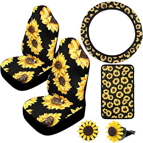  Boao Sunflower Accessories for Car Sunflower Steering Wheel Cover with Sunflower Front Seat Covers, 2 Pieces Car Vent Sunflower and Sunflower Seat Belt