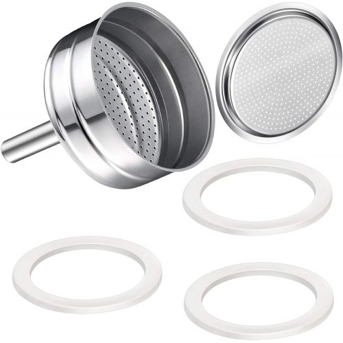  Boao Moka Express Replacement Funnel Kits, 3 Packs Replacement Gasket Seals, 1 Stainless Steel Replacement Funnel with 1 Pack Stainless Filter Replacement (9-Cup)