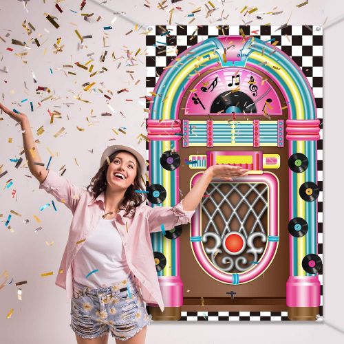  Boao Jukebox Cutout Banner 50s Rock and Roll Banner Backdrop Birthday Party Decoration Baby Shower Birthday Party Supplies