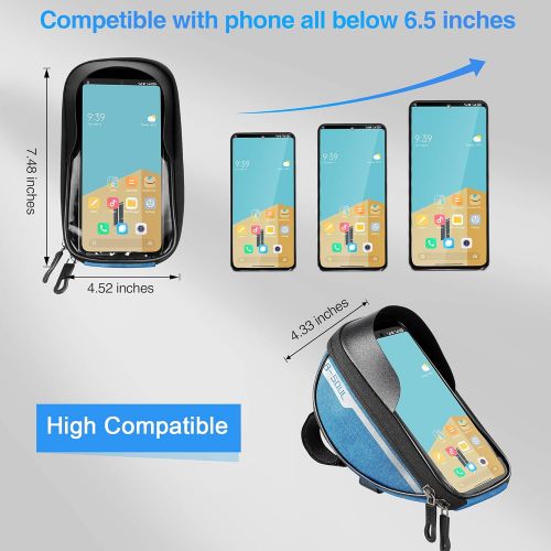  Boao Bike Accessories, Bike Handlebar Phone Front Frame Bag Waterproof Bicycle Phone Holder Cycling Phone Case with Bicycle Pouch for Phones Fit 6.5 Inch (Blue)