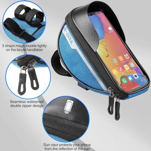  Boao Bike Accessories, Bike Handlebar Phone Front Frame Bag Waterproof Bicycle Phone Holder Cycling Phone Case with Bicycle Pouch for Phones Fit 6.5 Inch (Blue)