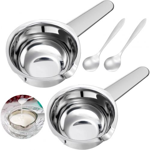  Boao 2 Pieces Stainless Steel Double Boiler Pot Baking Melting Pot for Butter and 2 Metal Spoon for Chocolate Candy Butter Cheese Caramel Candle Making Tools, 480 ml and 600 ml Capacity