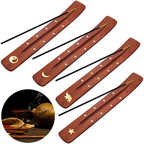  인센스스틱 Boao 4 Pieces Wooden Incense Holder Handmade Wooden Incense Stick Holder Wood Incense Burner Ash Catcher of Brass Yin and Yang, Crescent Moon, Stars, Elephant, 10 Inches,4 Styles Comes