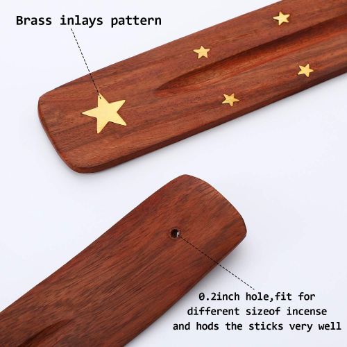  인센스스틱 Boao 4 Pieces Wooden Incense Holder Handmade Wooden Incense Stick Holder Wood Incense Burner Ash Catcher of Brass Yin and Yang, Crescent Moon, Stars, Elephant, 10 Inches,4 Styles Comes