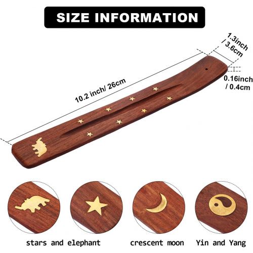  인센스스틱 Boao 4 Pieces Wooden Incense Holder Handmade Wooden Incense Stick Holder Wood Incense Burner Ash Catcher of Brass Yin and Yang, Crescent Moon, Stars, Elephant, 10 Inches,4 Styles Comes