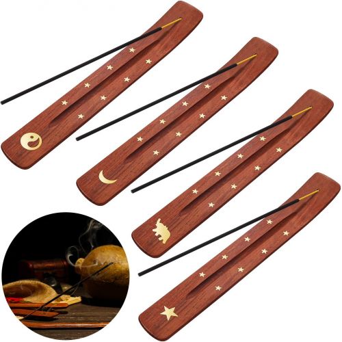  인센스스틱 Boao 4 Pieces Wooden Incense Holder Handmade Wooden Incense Stick Holder Wood Incense Burner Ash Catcher of Brass Yin and Yang, Crescent Moon, Stars, Elephant, 10 Inches,4 Styles Comes