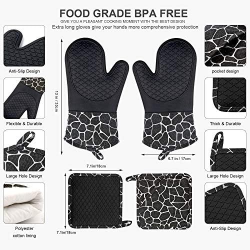  [아마존베스트]Bobalaly Silicone Oven Mitts and Pot Holders Set 500 F Heat Resistant Oven Gloves Flexible for Kitchen Cooking Baking Grilling Microwave with Quilted Liner BPA Free Non-Slip (Black)