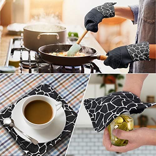  [아마존베스트]Bobalaly Silicone Oven Mitts and Pot Holders Set 500 F Heat Resistant Oven Gloves Flexible for Kitchen Cooking Baking Grilling Microwave with Quilted Liner BPA Free Non-Slip (Black)