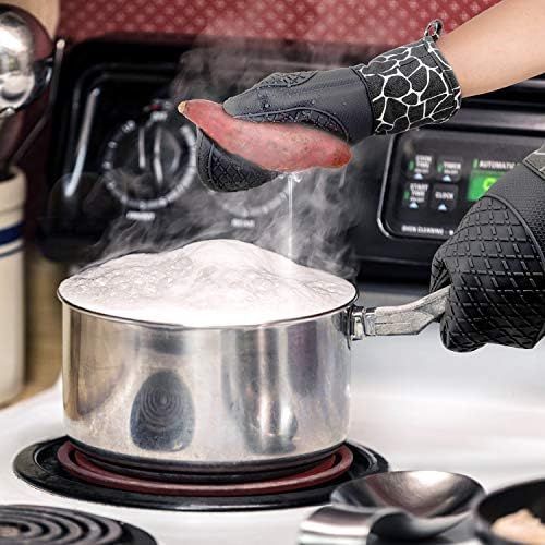  [아마존베스트]Bobalaly Silicone Oven Mitts and Pot Holders Set 500 F Heat Resistant Oven Gloves Flexible for Kitchen Cooking Baking Grilling Microwave with Quilted Liner BPA Free Non-Slip (Black)