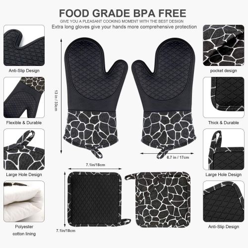  [아마존베스트]Bobalaly Silicone Oven Mitts and Pot Holders Set 500 F Heat Resistant Oven Gloves Flexible for Kitchen Cooking Baking Grilling Microwave with Quilted Liner BPA Free Non-Slip (Black)