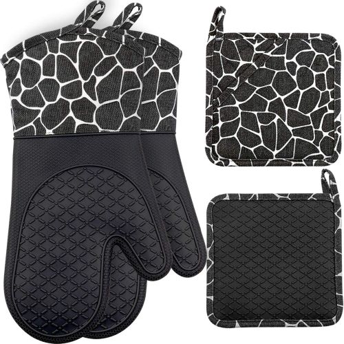  [아마존베스트]Bobalaly Silicone Oven Mitts and Pot Holders Set 500 F Heat Resistant Oven Gloves Flexible for Kitchen Cooking Baking Grilling Microwave with Quilted Liner BPA Free Non-Slip (Black)