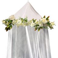 Bobo & Bee Bobo and Bee - Enchanted Bed Canopy Mosquito Net For Girls, Kids, Baby, With Detachable Cream Rose and Ivy Garland - Twin Size, White with Satin Trim - Perfect Boho Woodland Nurser