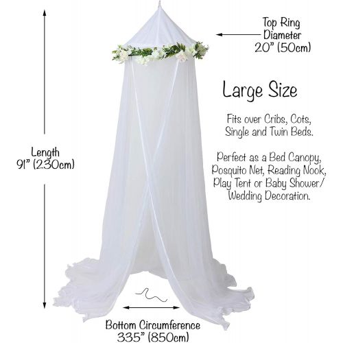  Bobo & Bee Bobo and Bee - Enchanted Bed Canopy Mosquito Net For Girls, Kids, Baby, With Detachable Cream Rose and Ivy Garland - Twin Size, White with Satin Trim - Perfect Boho Woodland Nurser
