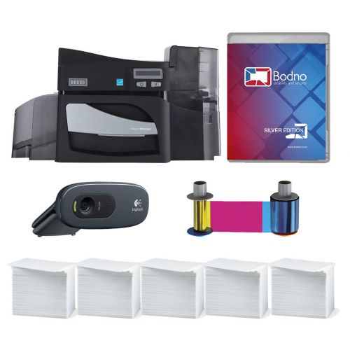  Fargo DTC4500e Single Sided ID Card Printer & Complete Supplies Package with Silver Edition Bodno ID Software