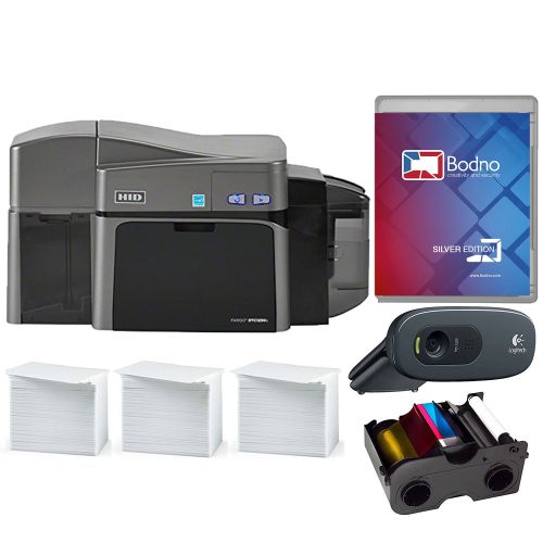  Fargo DTC1250e Dual Sided ID Card Printer & Complete Supplies Package with Silver Edition Bodno ID Software