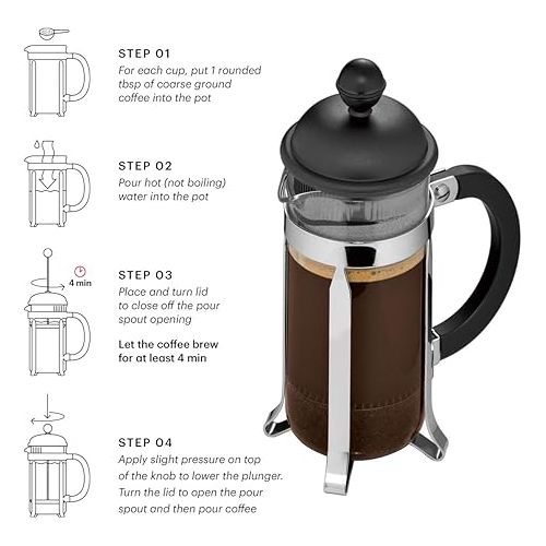  Bodum Caffettiera French Press Coffee Maker, Black Plastic Lid and Stainless Steel Frame, 3-Cup, 12-Ounce