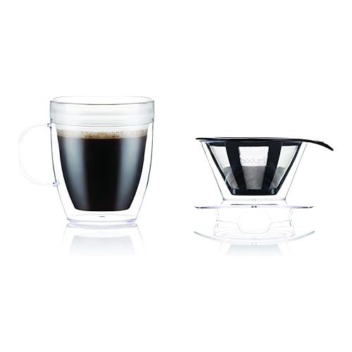  Bodum Pour Over Coffee Dripper Set With Double Wall Mug and Permanent Filter, 12 Ounce, Clear
