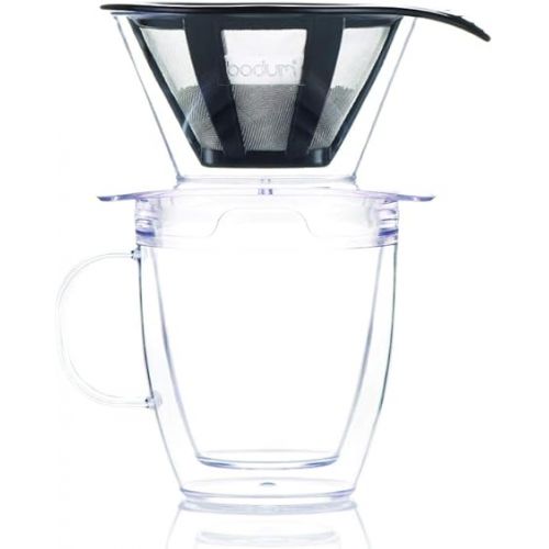  Bodum Pour Over Coffee Dripper Set With Double Wall Mug and Permanent Filter, 12 Ounce, Clear