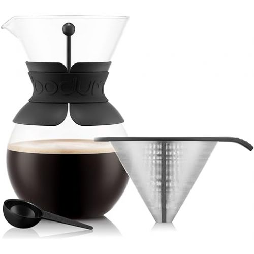  Bodum Pour Over Coffee Maker with Permanent Filter, Black, 34 oz.