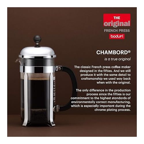  Bodum 34oz Chambord French Press Coffee Maker, High-Heat Borosilicate Glass, Stainless Steel, Black - Made in Portugal