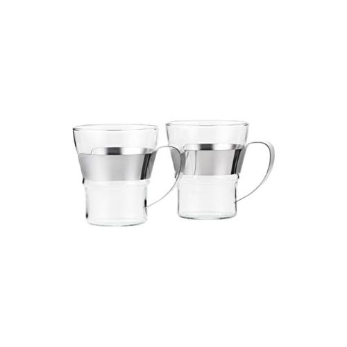  Bodum K11143-16 Chambord Set, Teebereiter mit Plastikfilter 1,3L, mit Rechaud Glanzend & ASSAM 2-teiliges Kaffeeglas-Set (Doppelwandig, Metallgriff, Spuelmaschinengeeignet, 0,3 lite