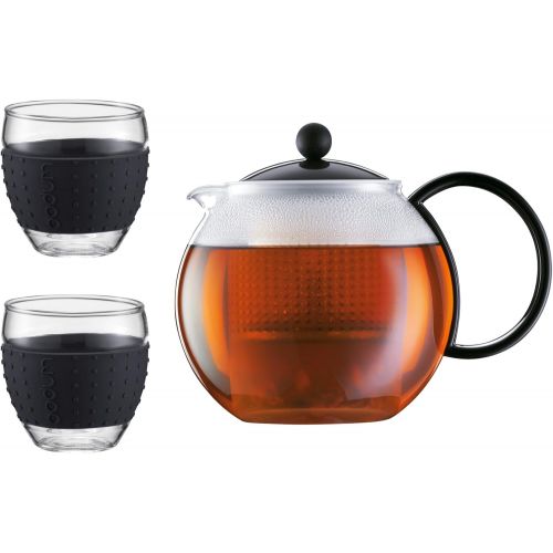  Bodum K1844-01-2 Assam Set Teekanne mit 2 Glaser 35 cl mit Silikonband, 1 Liter, Schwarz