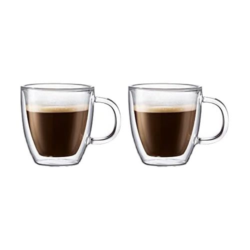  Bodum Bistro Doppelwandige Thermo-Glas Espressobecher fuer heisse und kalte Getranke transparent 2 Stueck verschiedene Groessen 0.45l, 15oz (4-Glasses) Klarglas