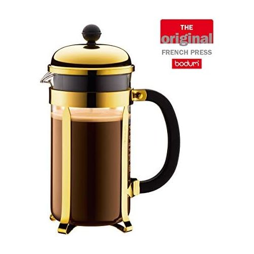  Bodum Chambord Kaffeebereiter 8 Tassen mit Metallrahmen, Edelstahl, Gold, 24 x 50 x 27.2 cm