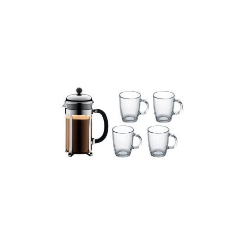  Bodum K1928-16COS Chambord Set Kaffeebereiter 1.0 L Edelstahl und 4 Stueck Bistro Glaser 0.35 l Kaffeebereiter, Mehrlagig, Schwarz