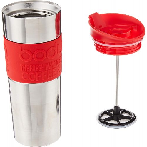 Bodum Travel Press Coffee and Tea Press, Stainless Steel Insulated Travel Press, 15 Ounce, Red