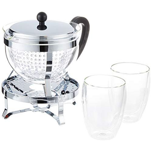  Bodum K11143161Chambord Tea Set with Rechaud 1.5L and 2Pack of Double Wall Glasses Pavina 0.35Litre Tea Maker with Layered16.8x 23.1x 22.3&