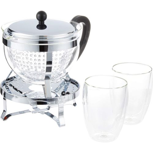  Bodum K11143161Chambord Tea Set with Rechaud 1.5L and 2Pack of Double Wall Glasses Pavina 0.35Litre Tea Maker with Layered16.8x 23.1x 22.3&